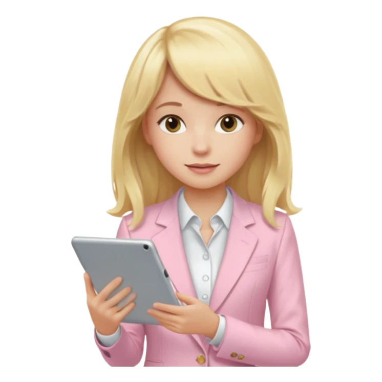 Long blonde wavy hair girl with a strait fringe and using a light pink suit working in a tablet sticker