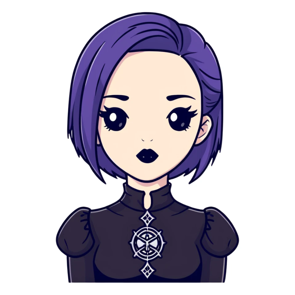 gothic girl with wide shoulders, small chest, dark makeup, black clothing sticker