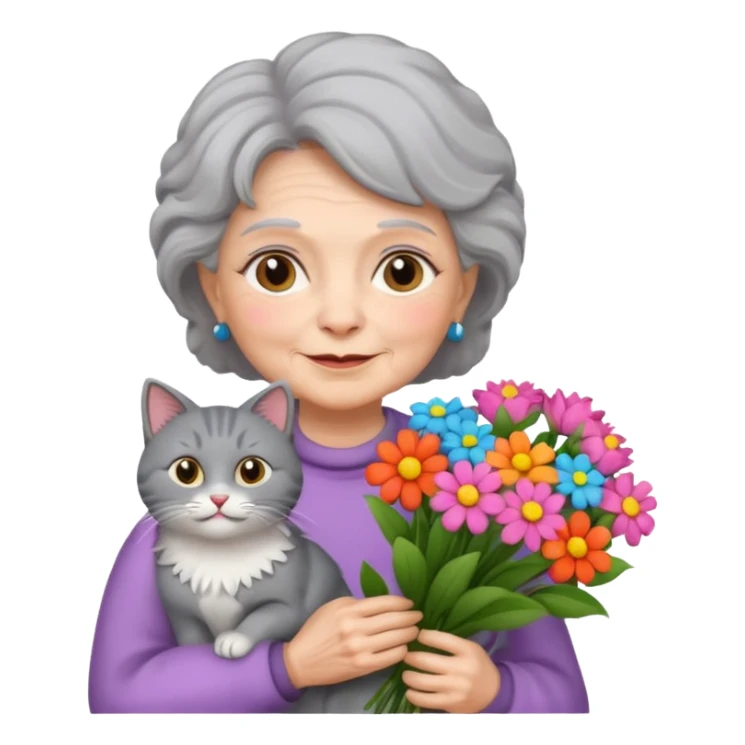 old woman holding bouqet and cat sticker