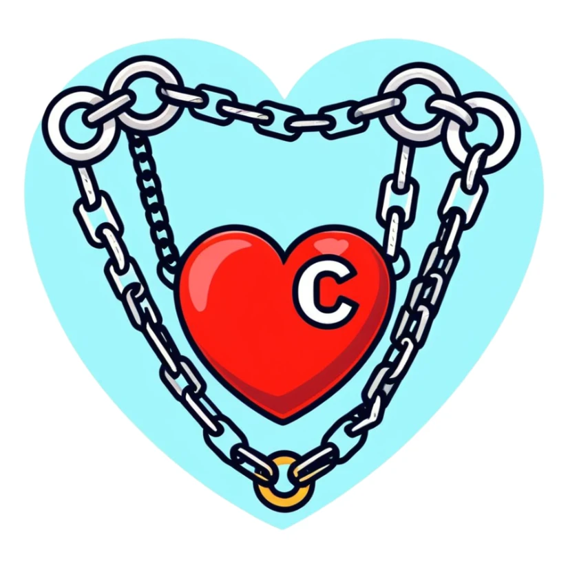 cartoon heart wrapped in chains with letters IC on it sticker