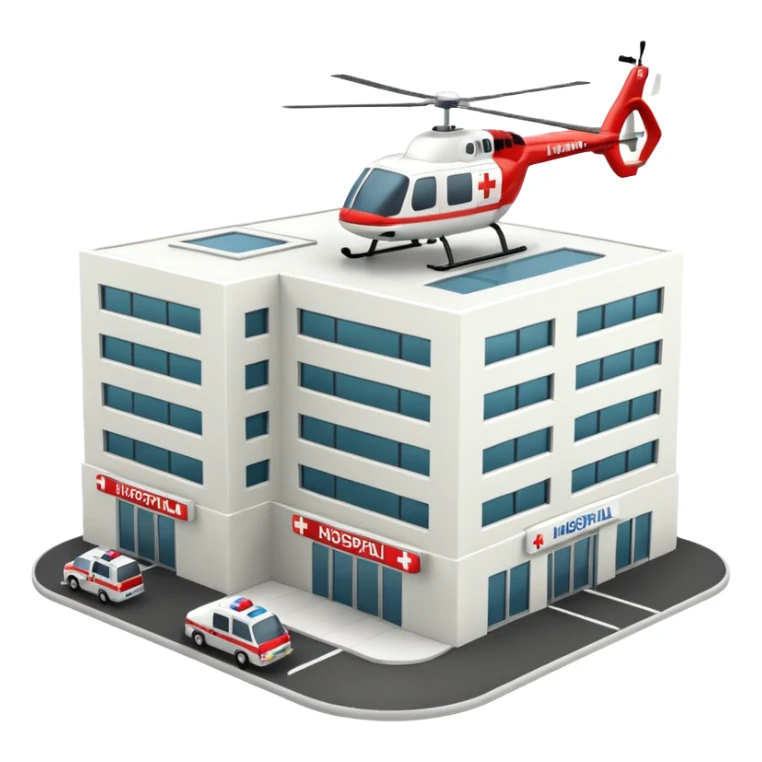 3d hospital outside, with text hospital, ambulance, helicopter , no background sticker