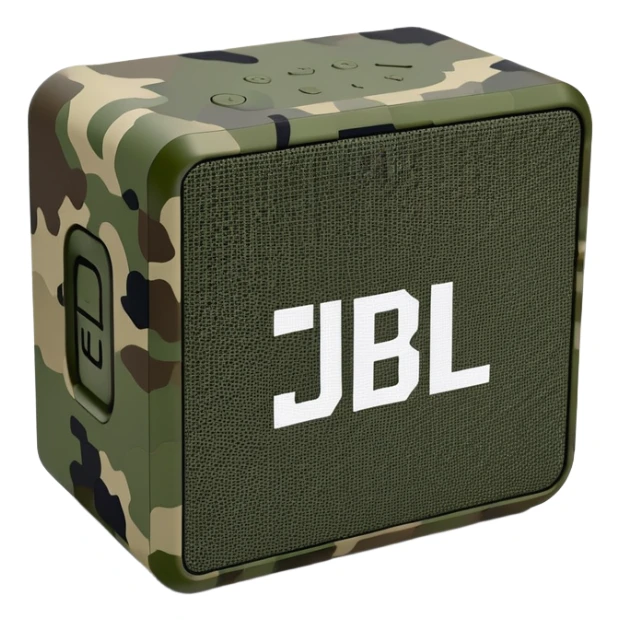 Minimalist JBL Go 4 speaker with digital camouflage pattern, pixelated military camo, clean simple design, compact bluetooth speaker sticker