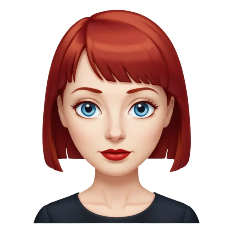 Middle-aged woman with fair skin, wider oval face, blue eyes, thin eyebrows, small nose, red lips, dark red hair with straight bangs, age-appropriate features, wearing a black blouse sticker