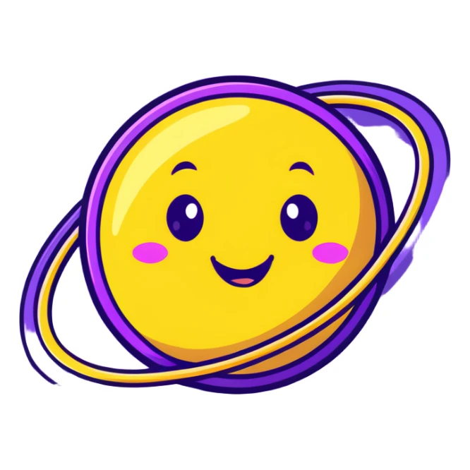 fantasy yellow planet with colorful rings and a cute happy face sticker