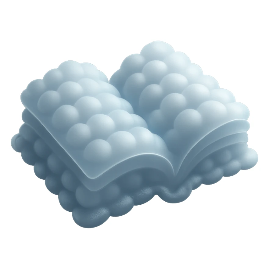 thick open book made entirely of small, very bright white fluffy convex clouds, matte glass style sticker
