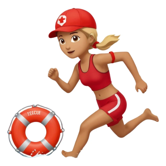 Female lifeguard – red cap, running along shore with rescue buoy sticker