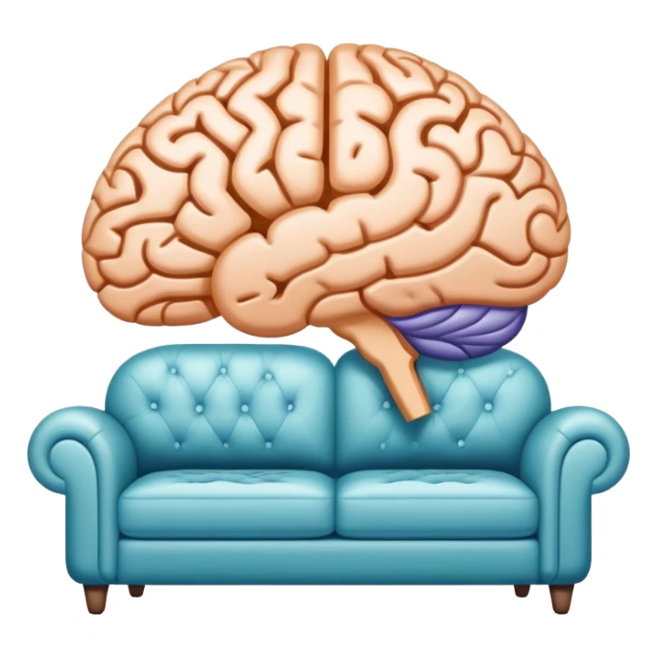An icon featuring a brain, a couch, and a psychological test, symbolizing the study of psychology. The design includes abstract patterns representing the mind, with a calm, therapeutic setting in the background. Transparent background highlights the exploration of human behavior and mental health. sticker