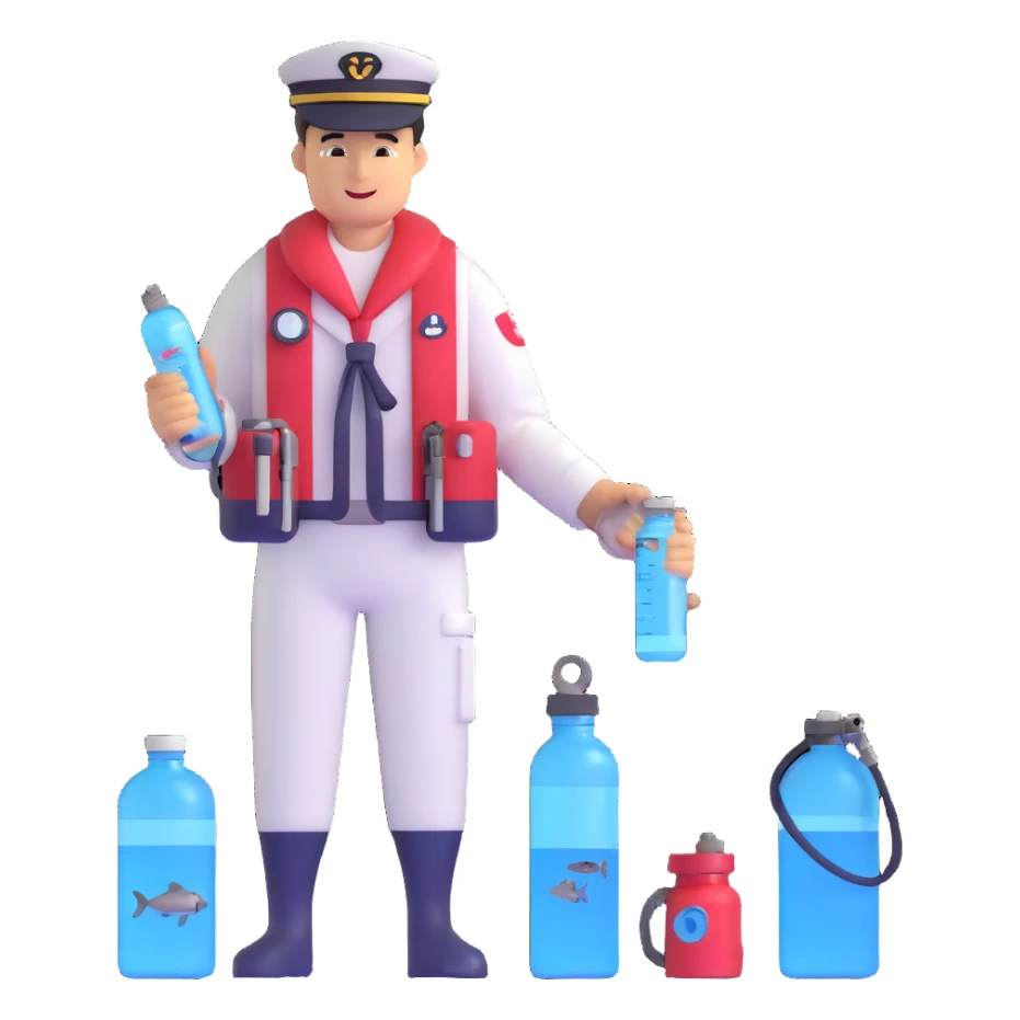 Oceanologist sailor from Vladivostok with scientific instruments, CTD sensor, water sampling bottles, and marine life sticker