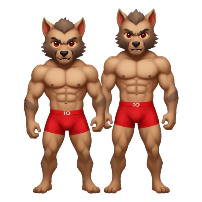 muscular werewolf in red underwear with visible logo, emoji style sticker