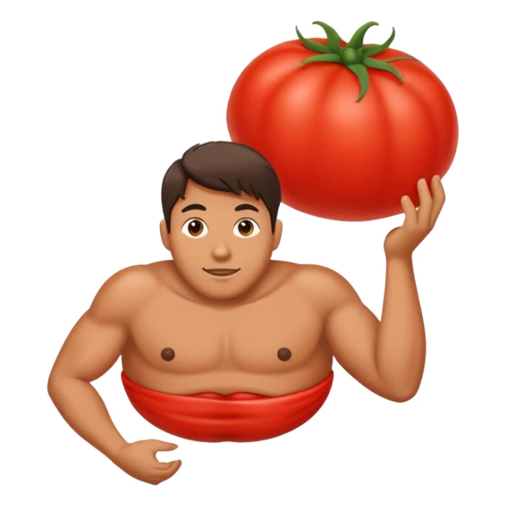 man with a large red tomato instead of a belly sticker