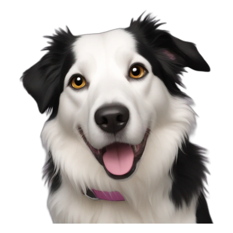 white and black dog with dark eyes happy  short hair mixed breed as border collie 2 years old with sticker
