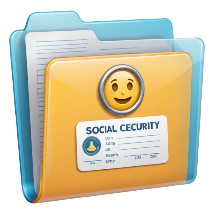 A simple emoji-style icon of a transparent plastic folder, clean and minimal, with rounded corners, subtle translucency, soft shading, and a small official documents symbol representing birth certificater, and Social Security. sticker