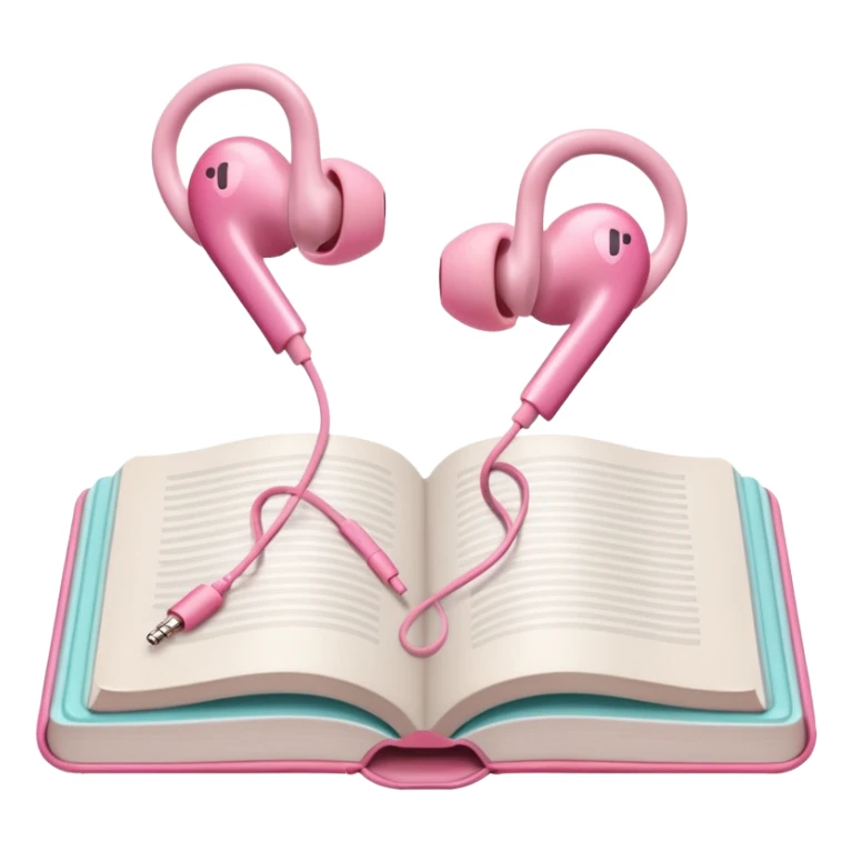  pink Pink Apple-style earbuds lying on an open book, soft pastel tones, cozy and minimal aesthetic, realistic lighting and shadows, top-down view, transparent background" sticker