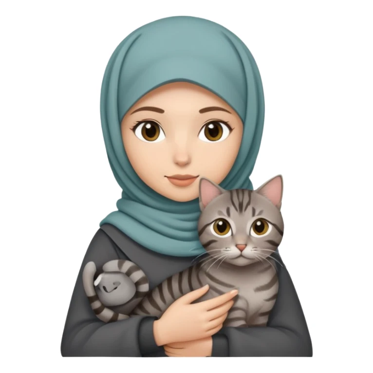 White girl wearing hijab holding a black grey tabby cat sticker