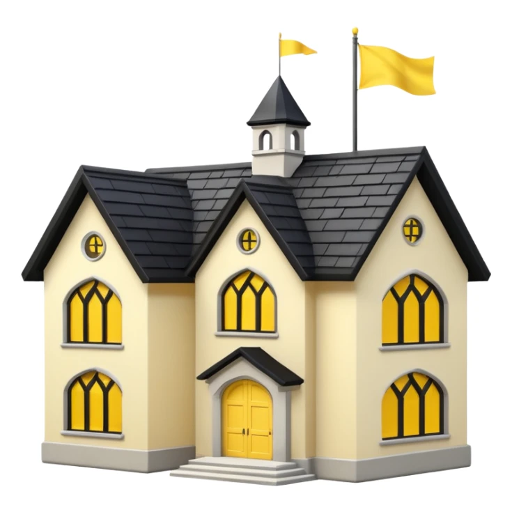 simple magic school, low detail, white background, magic school, black roof, with a big flag, big flag on a roof, big yellow flag, white school sticker