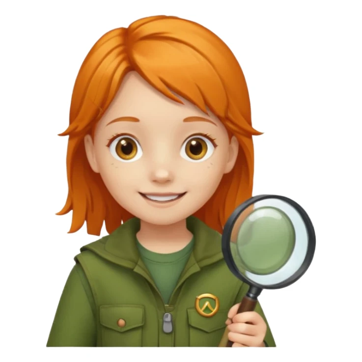 braid orange haired girl kid in moss green explorer outfit, holding magnifying glass, smile sticker