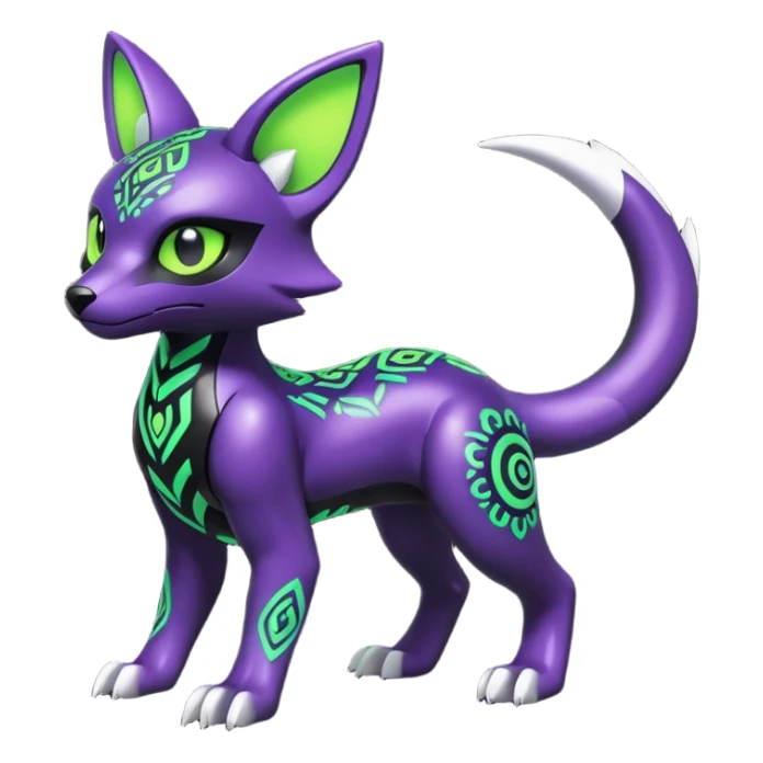 Futuristic modern badass cool shiny metallic alloy black-obsidian purple neon-green white lime animal hybrid Fakemon full body with intricate patterns sticker