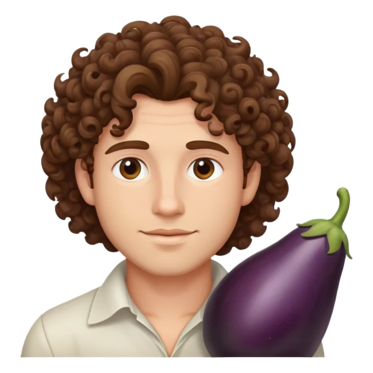 handsome man with curly brown hair and eggplant sticker