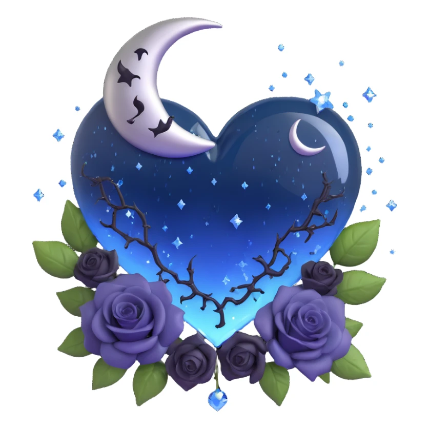 midnight blue glass heart with gothic style, decorated with a silver crescent moon, miniature black roses, glittering stardust, lightning bolt crack, rain droplets, cracked glass effect sticker