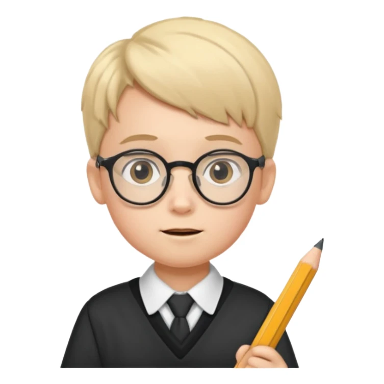 boy kid with glasses → holding a pencil with school uniform sticker