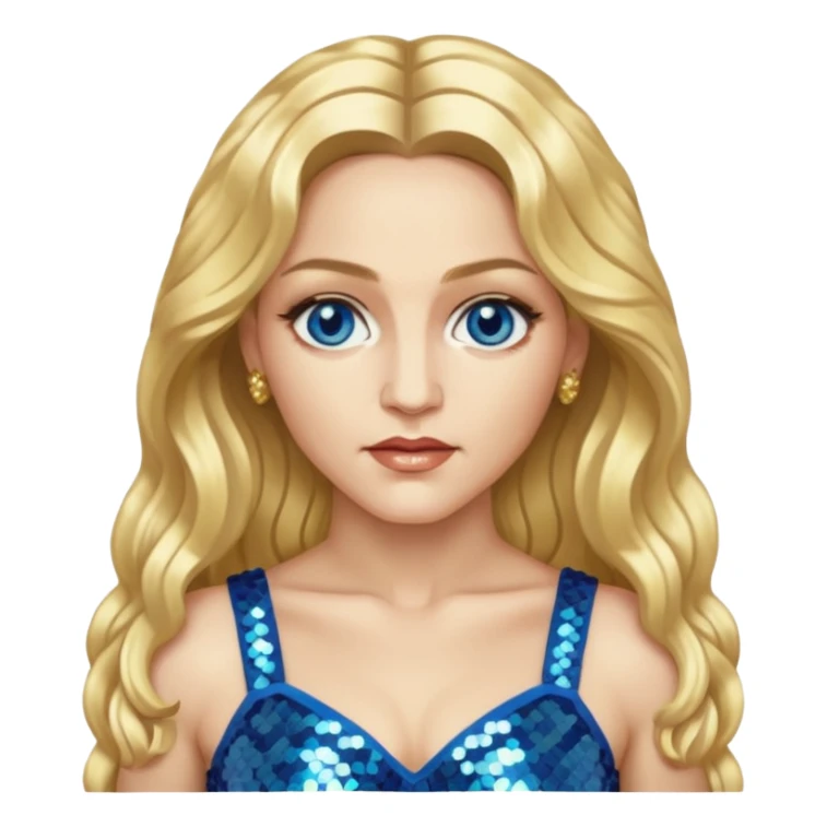 Madonna with blonde long hair, gold sequin crop top, blue eye sticker