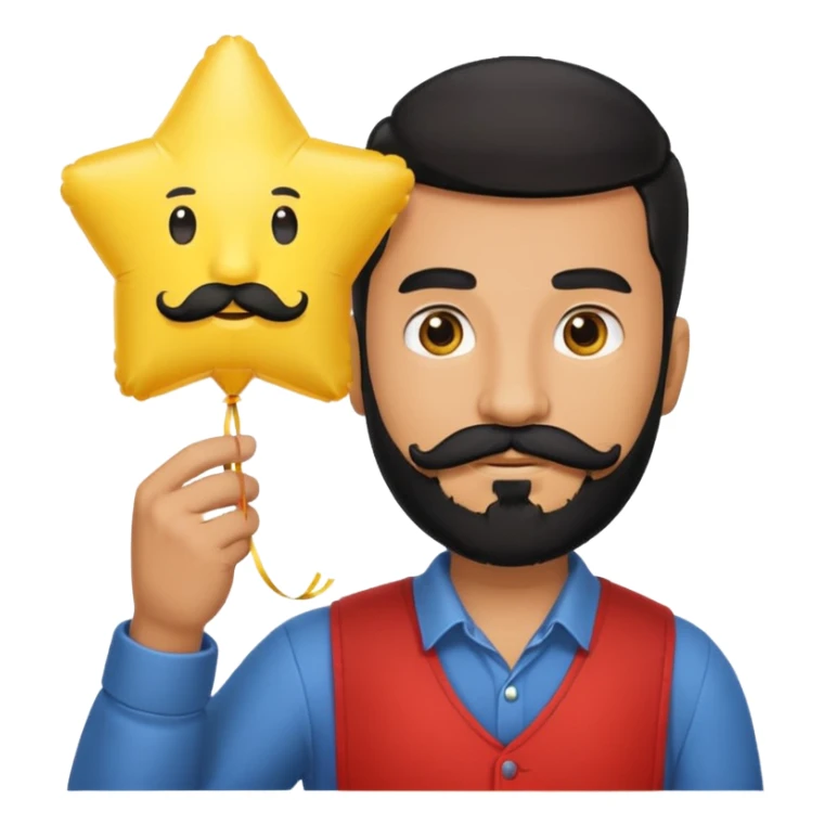 man with black bead and mustache holding star yellow balloon sticker