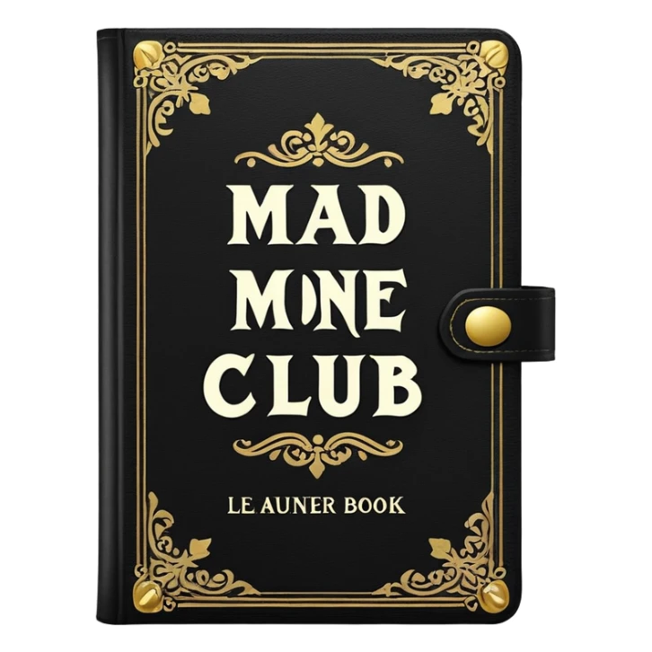 black book with ornate white text and borders. The book’s cover reads: “Mad Money Club - Rules Book - For Sad Girls.” sticker