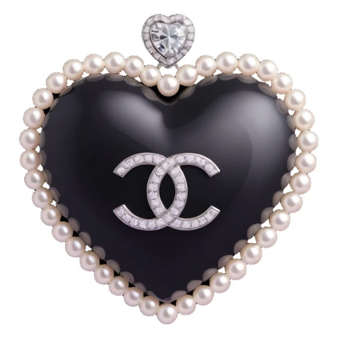 Add a diamond accent to the glossy black heart with pearls and silver Chanel logo, keep the background transparent, elegant, black and white color scheme, 3D emoji style. sticker
