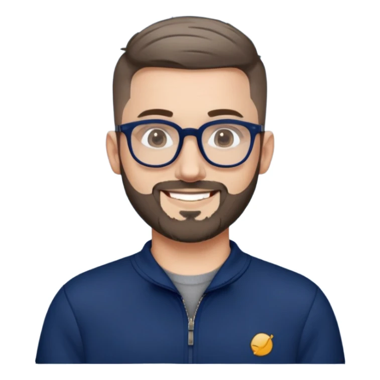 Fair-skinned man with oval face, extremely short tight haircut (very short on top, skin fade on sides), short salt and pepper beard, large black-framed glasses, smiling, wider body type, wearing navy blue long sleeve zip sweatshirt sticker