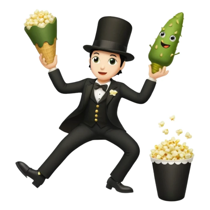 Popcorn cone traffic with legs dancing 3 legs 2 on the floor his 3rd arm is holding his 3rd leg and 1 pickle dipped in ranch on his black top hat sticker