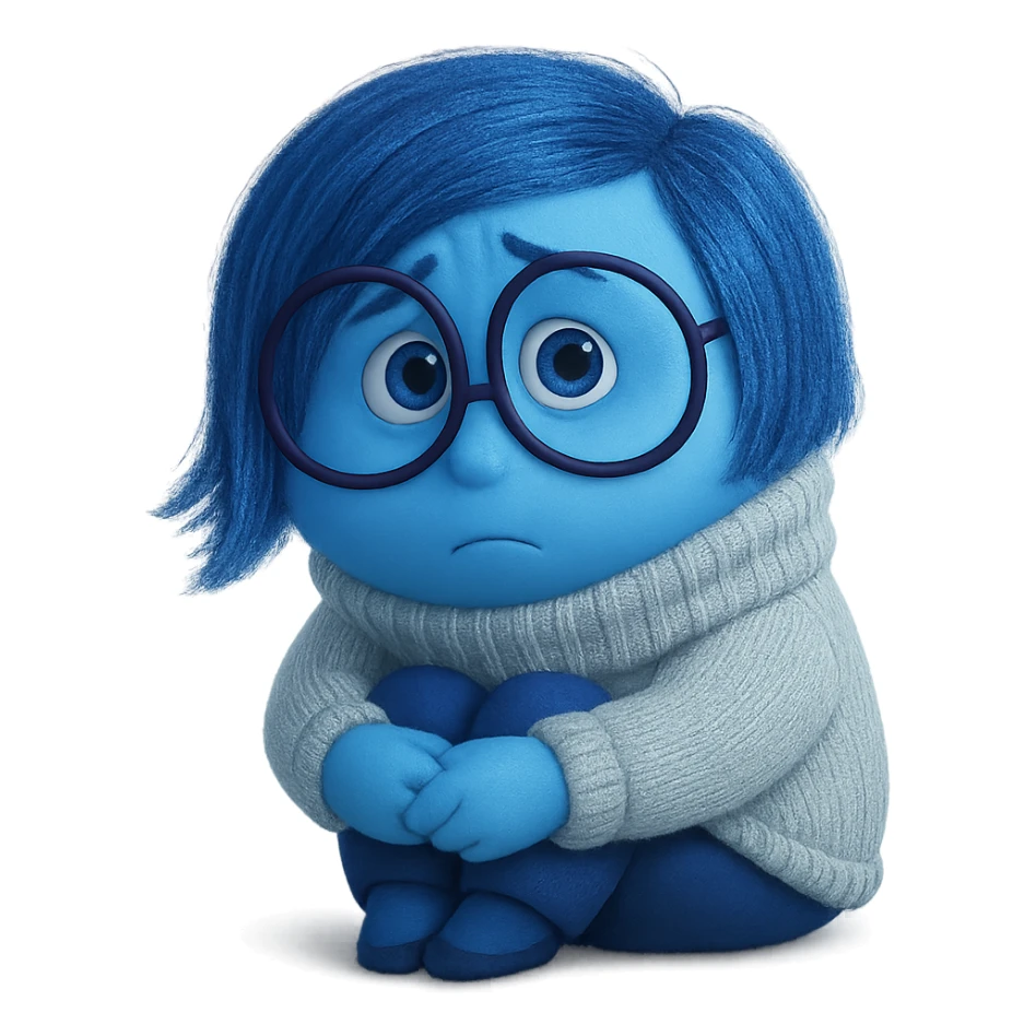 Sadness from Inside Out character, sitting with knees hugged, blue skin, short blue hair, glasses, Pixar style sticker