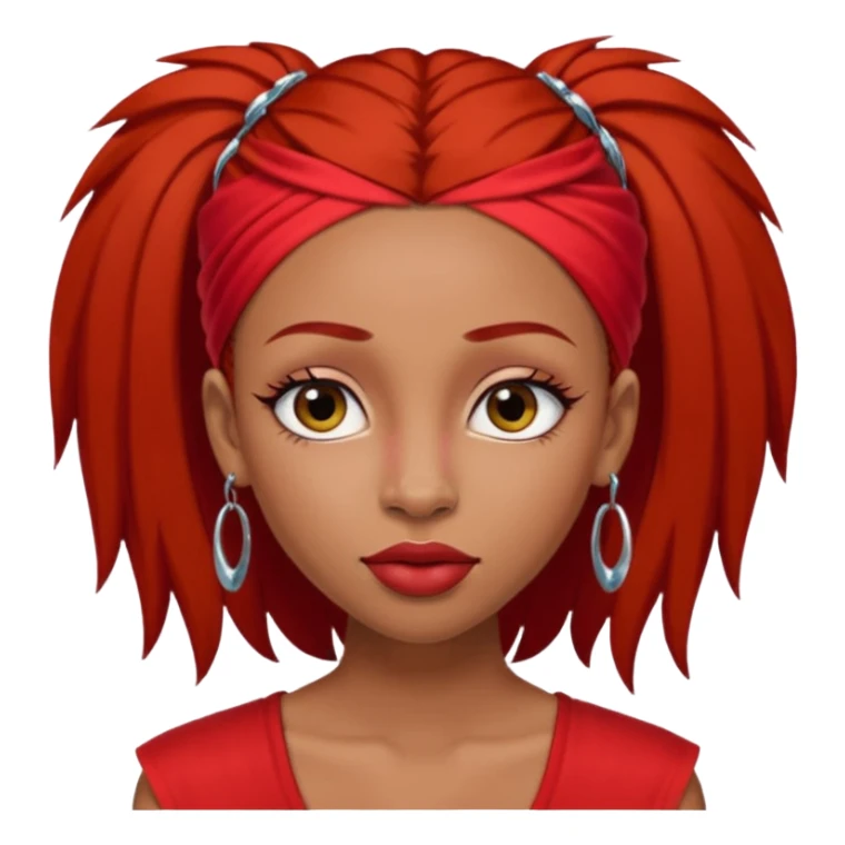 light-skinned black girl with very long eyelashes with long strait dark brown hair with edges wearing a red top with no sleeves. and a red accessory on her head with nose and mouth piercings and is a baddie and looks like a bad girl. sticker