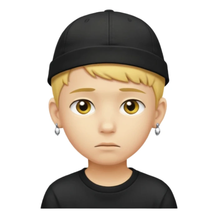Create me an emoji like that, sad, with earrings, a black cap backwards, yellow skin like an emoji, and short hair down to the nape of my neck. Let it be a boy sticker