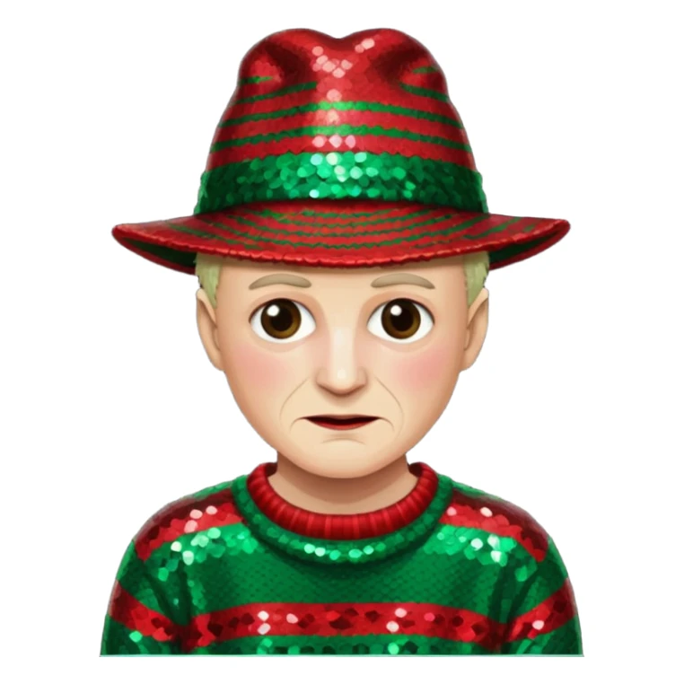 Freddy Krueger with red and green stripe sequin sweater, dark brown sequin hat sticker