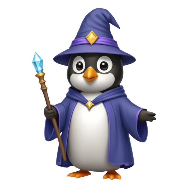 penguin wearing a wizard hat and robe, holding a magic wand sticker