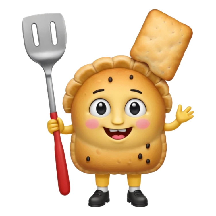cute empanada emoji, golden brown with crimped edge, big sparkling eyes, two square teeth, blushing cheeks + freckles, red tie, holding spatula, short chubby arms and legs, thick black outline, SpongeBob + Adventure Time style, transparent background sticker