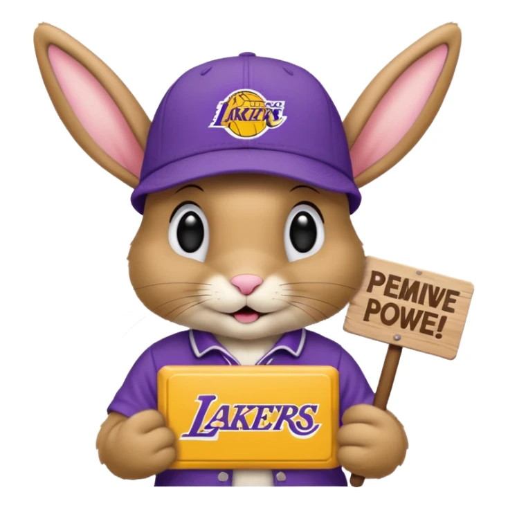 A tanish bunny with a Lakers hat and a sign that says "peewee" sticker