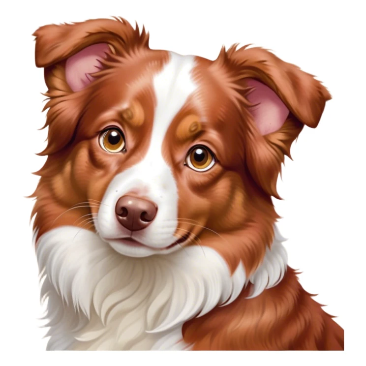 Cinematic Cute Red Merle Australian Shepherd Portrait Emoji, Head tilted playfully and inquisitively, soft red merle fur with delicate white markings, round, sparkling amber eyes filled with curiosity, Simplified yet irresistibly adorable features, highly detailed, glowing with a warm, friendly glow, high shine, affectionate and lively, stylized with a touch of whimsy, bright and endearing, soft glowing outline, capturing the essence of a mischievous yet loving pup, so playful it feels like it could bound out of the screen and into your arms! sticker