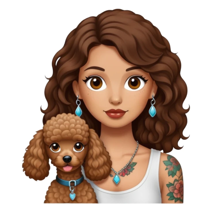 Long brown haired girl with tattoos with a pudel sticker