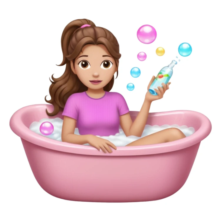girl with wavy long ponytail brown hair, brown eyes, light to medium complexion, long lashes, light pink lipstick, wearing light pink shirt, lying full body in a freestanding bathtub with bubbles sticker