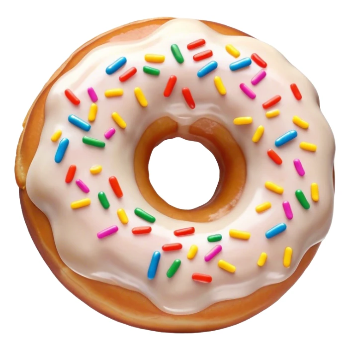 Cinematic Realistic Donut Dessert Emoji, depicted as a fluffy glazed donut with colorful sprinkles rendered with detailed textures and playful, warm lighting. sticker