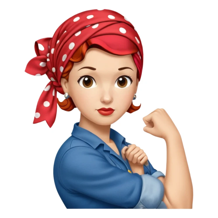 Rosie the Riveter classic We Can Do It pose, blue shirt, red polka dot headscarf sticker