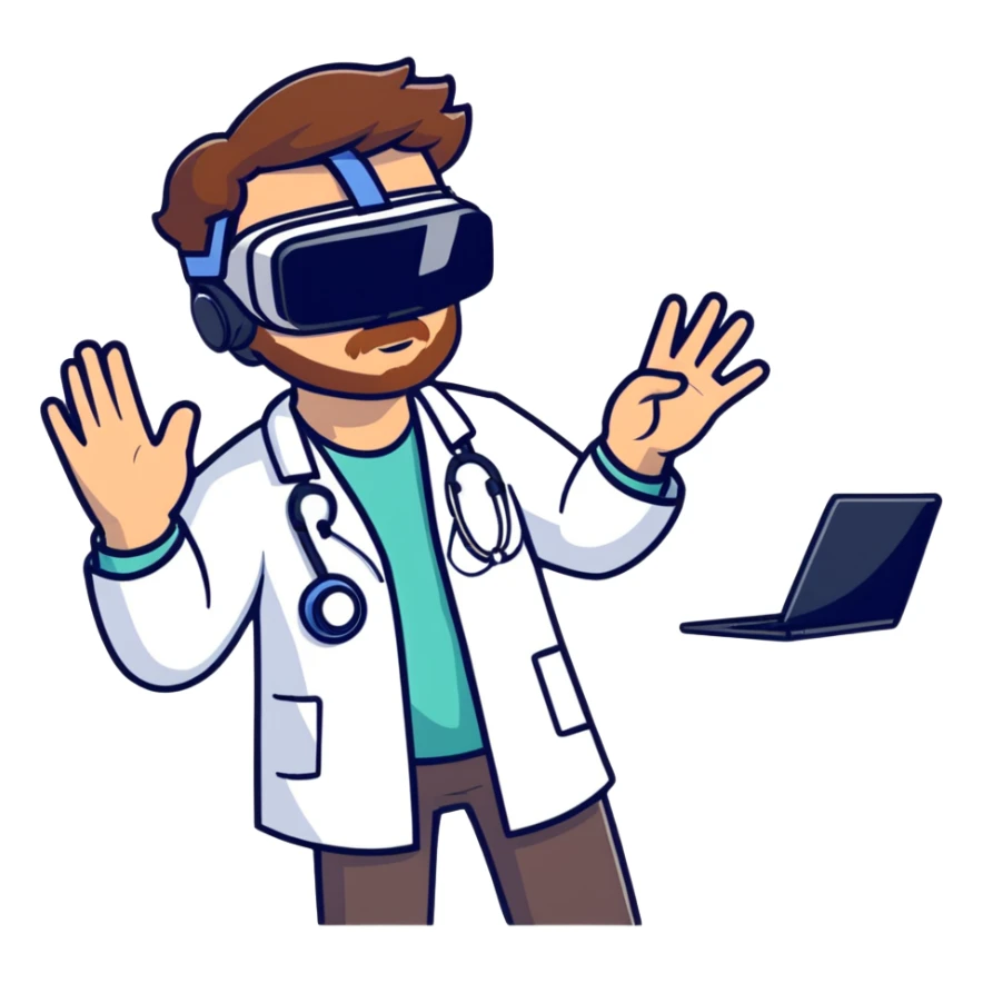 male doctor with brown beard and hair using virtual reality technology sticker
