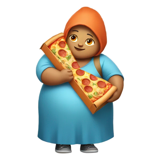 A obese woman wearing fox ears holding a pizza box in her arms sticker