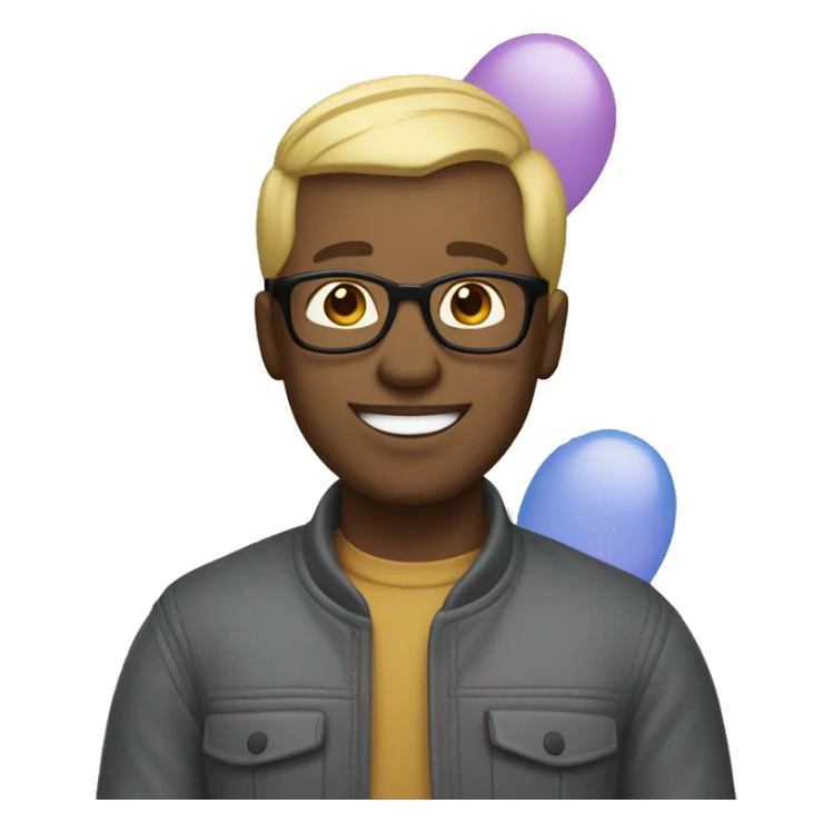 celebrating man with light skin colour, with squared glasses, blond hair, no beard, wearing a scarf, balloons in the background sticker