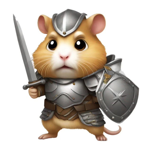a hamster dressed in armor with an angry face and a sword.  sticker
