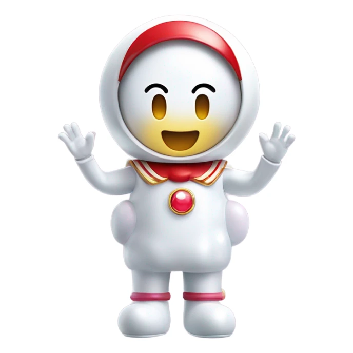 Very shiny full body character with pill capsule head with retro antennae and jetsons aesthetic sailor moon eyes  puffy body and welcoming waving arms Japanese animation inspired Anpanman with big boots and antennae red and white colors only sticker