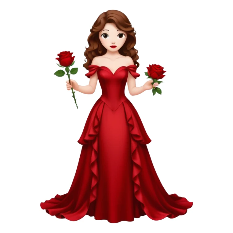 Still life render masterpiece, Belle Disney princess, in a beautiful glamorous red silk gown. Holding a highly realistic, vivid red color rose with realistic leaves and steam. Brown wavy hair, pale skin, red lips, innocent expression, full body view.  sticker