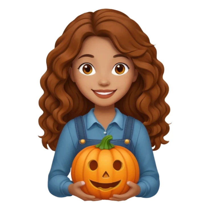 Cozy mixed girl with long wavy brown hair dressed for fall holding a pumpkin  sticker