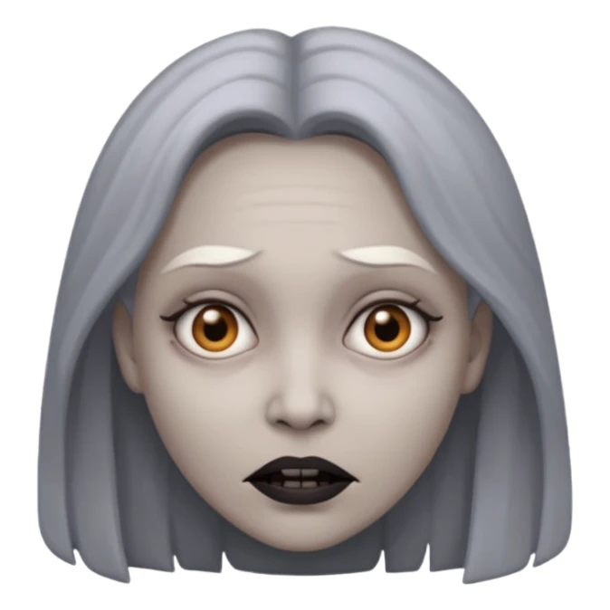 woman with gray skin and a creepy face sticker